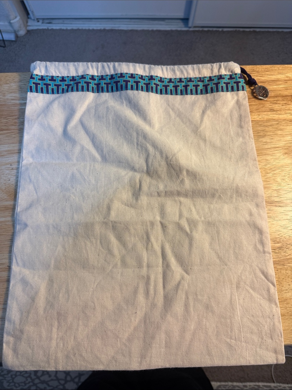 Tory Burch Canvas Dust Pouch with Teal and Navy Trim
